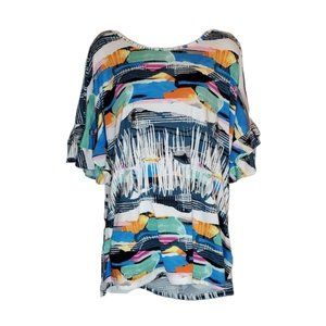 Robert Luis Plus Size Abstract Print Flutter Ruffle Short Sleeve Top SZ 2xl